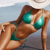 Metallic Abstract Print String Slide Triangle Brazilian Two Piece Bikini Swimsuit